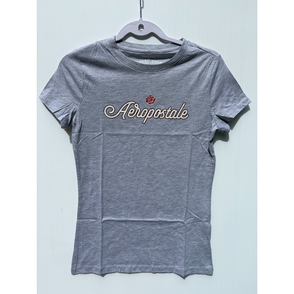 Aeropostale Womens Graphic T Shirt Medium Gray Rose Logo Classic Crew Tee Preppy